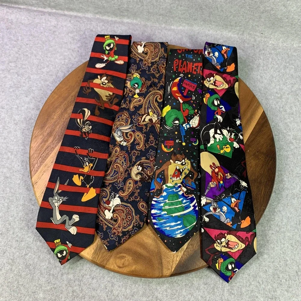Vintage Looney Tunes Mania Tie Lot Men Set of 4 Marvin Martian Taz Bugs 90s Silk